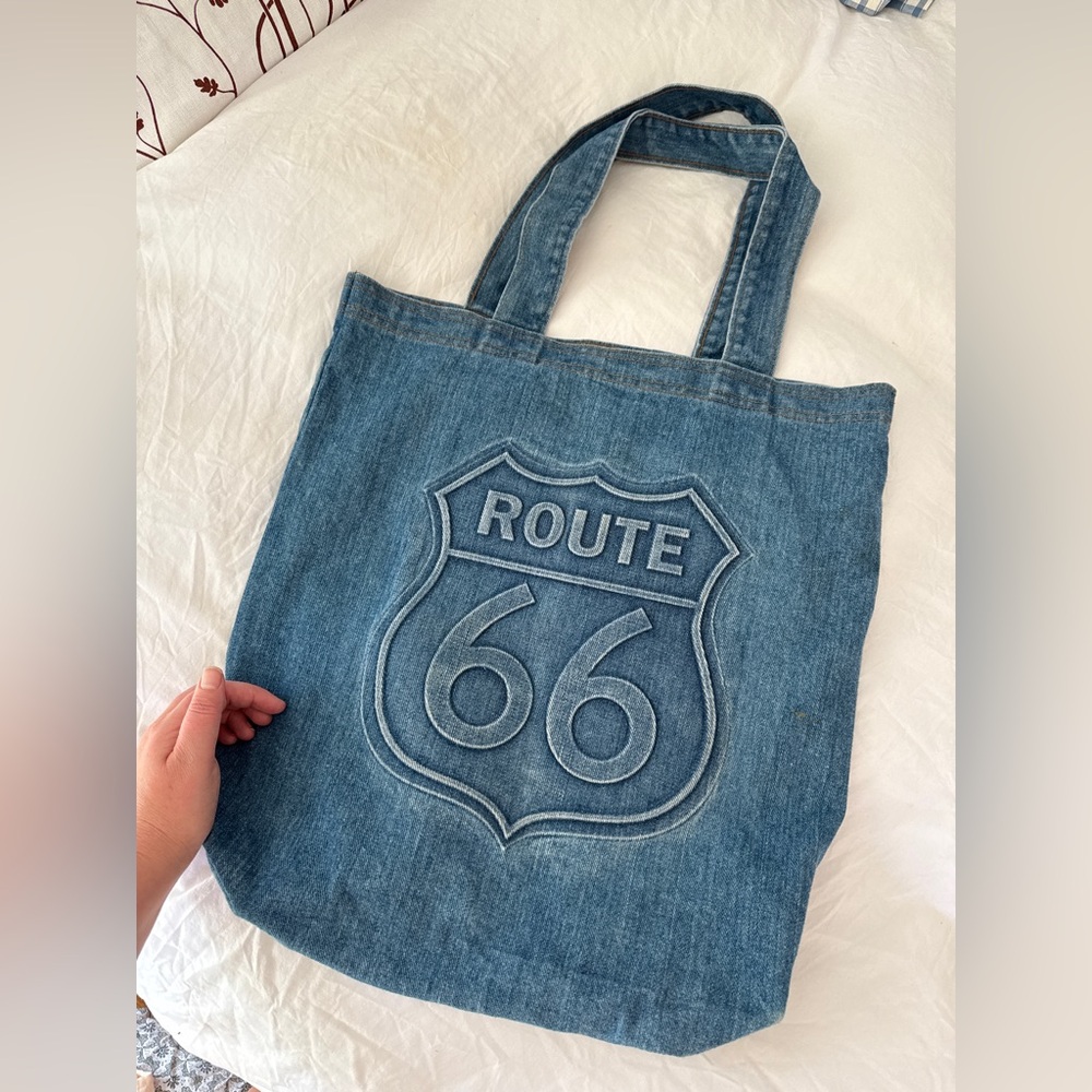 Vintage denim Route 66 tote bag